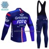 Set Fietsshirt Lange Mouw + Lange Koersbroek 2023 Groupama FDJ Winter Thermal Fleece Zwart Blauw